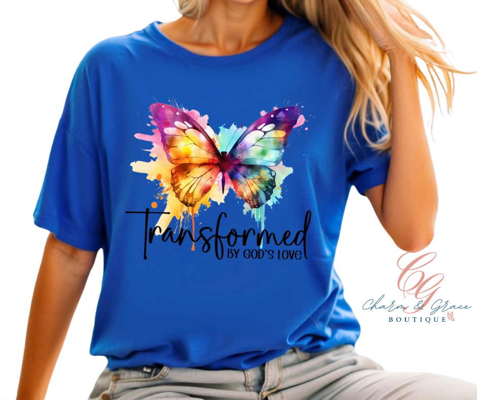 Transformed By God's Love colorful butterfly Christian Graphic top
