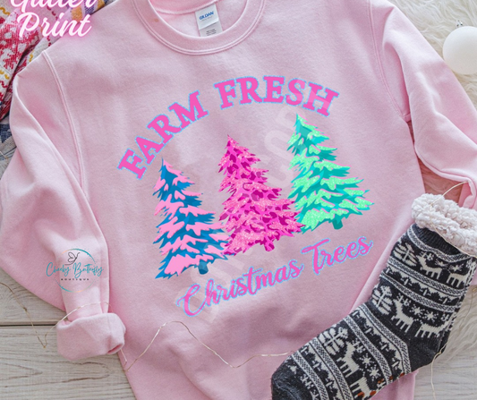 Farm Fresh Christmas Trees Glitter Print Graphic Tee