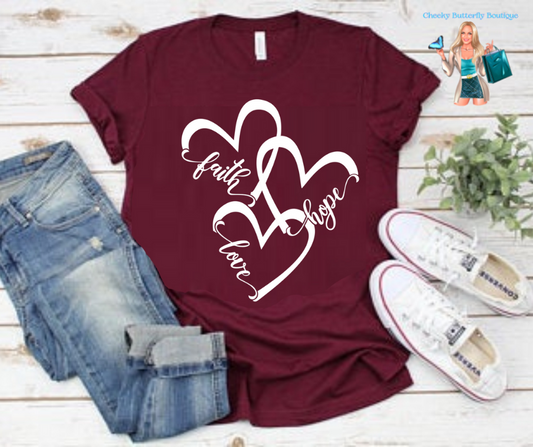 Faith Hope Love - 3 heart Christian Faith graphic top