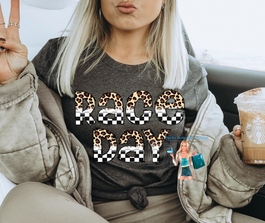 Race Day leopard and checkered print graphic top